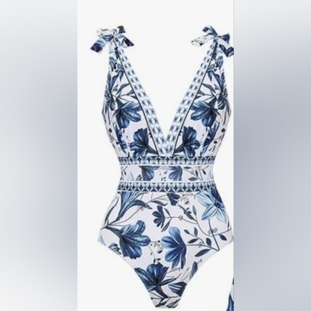 Flaxmaker Floral Blue and White One Piece Swimsuit Size Small